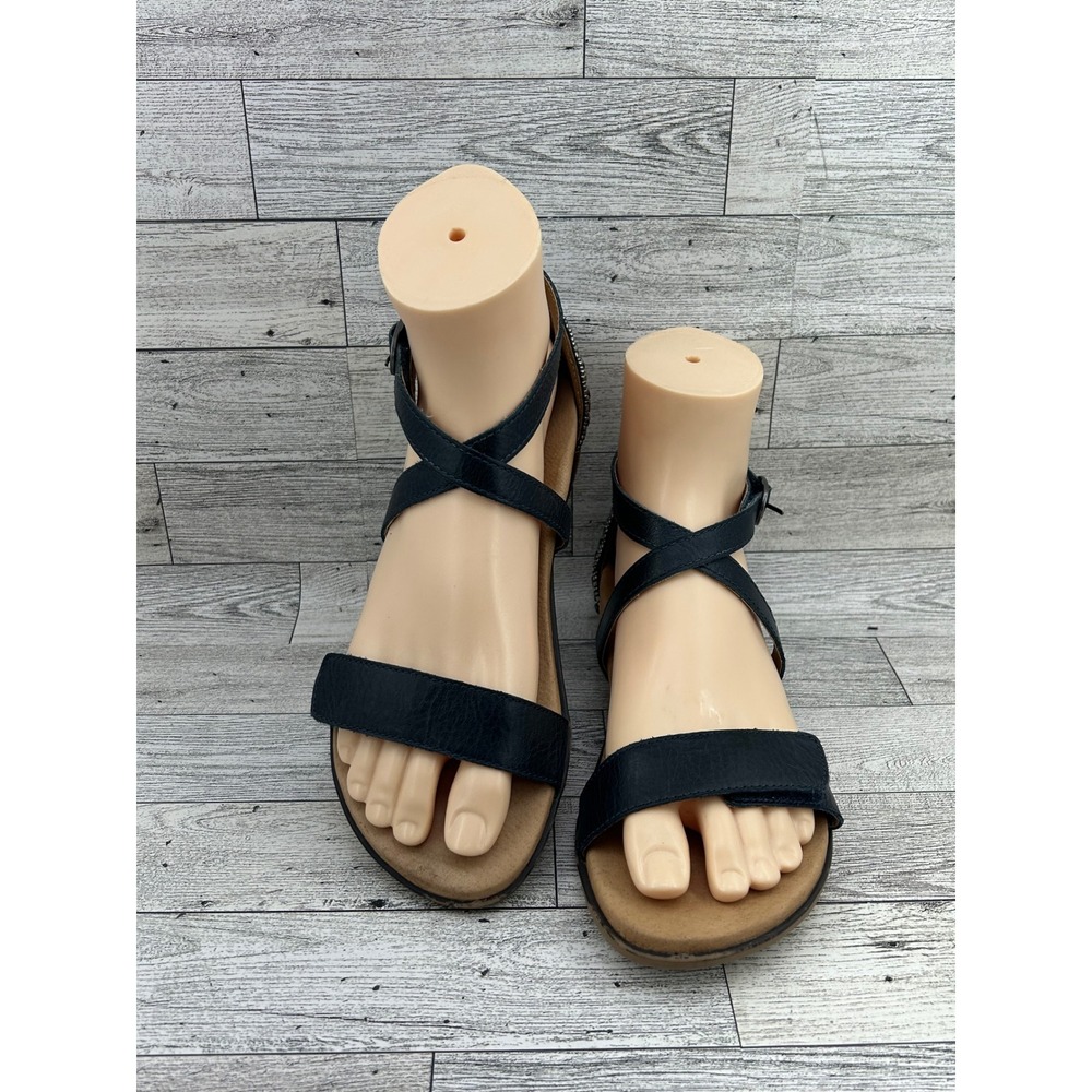 Aetrex Jillian Navy Blue Leather Beaded Heel Strappy Sandals ES605W Women 6-6.5